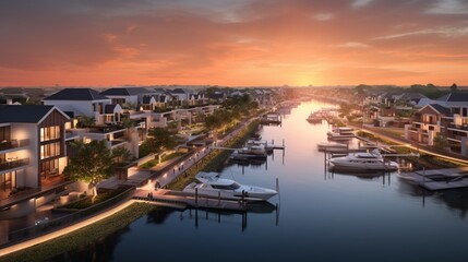 Fototapeta premium Aerial View of Waterfront Accommodation and Canal Bridge Under a Muted Sunset Sky