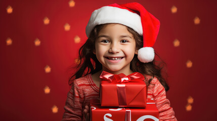 Fototapeta na wymiar A delighted young girl in a Santa hat holds a festive red gift, her joyous smile shining brightly against a glowing red background