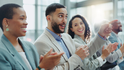 Clapping, business people and happy at a conference with teamwork and motivation in office. Discussion, staff cheer and collaboration with professional team at a seminar with workforce and solidarity