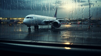 Aircraft Viewed from Inside the Airport, Raindrops Trailing Down the Glass