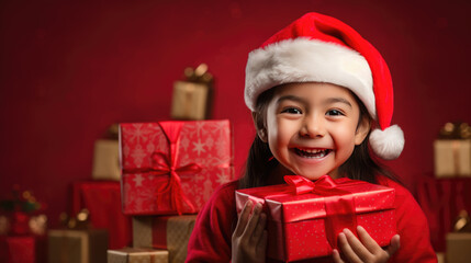 Fototapeta na wymiar A delighted young girl in a Santa hat holds a festive red gift, her joyous smile shining brightly against a glowing red background