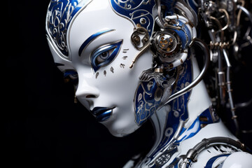 Exquisite Metal Female Robot Sculpture with Intricate Engraving and Mesmerizing Glass Eyes