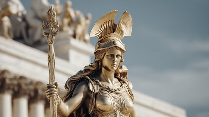Athena statue, the ancient Greek goddess of knowledge and wisdom in front of the Parthenon, Greece