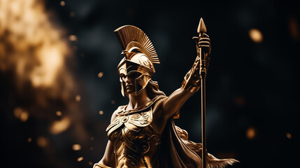 Goddess Athena with helmet, golden armor, and spear in hand ready for battle. An illustration of the goddess Athena, hyperrealistic. - obrazy, fototapety, plakaty