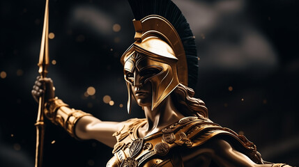 Goddess Athena with helmet, golden armor, and spear in hand ready for battle. An illustration of the goddess Athena, hyperrealistic.