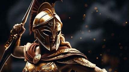 Goddess Athena with helmet, golden armor, and spear in hand ready for battle. An illustration of the goddess Athena, hyperrealistic.