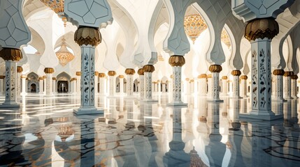 Fototapeta premium Beautiful Mosque Reflected in the Shiny Marble Floor, Creating a Breathtaking Scene