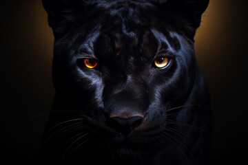 A mysterious panther, its eyes glowing in the darkness, photographed in a studio, isolated on a bright solid background, exuding an aura of enigma and power.