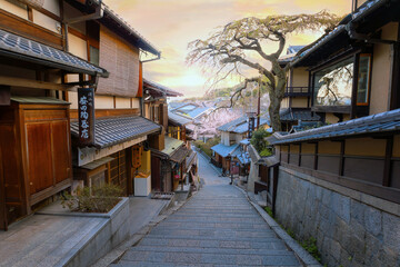 Kyoto, Japan - March 30 2023: Nineizaka or Ninenzaka s an ancient 150m stone-paved pedestrian road. The road is lined with traditional buildings and shops