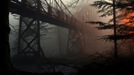 Bridge Emerging from the Fog, Surrounded by Silent Sentinel Trees