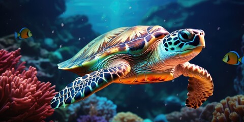 Ocean Turtle, Bright Fish, and Bright Coral. Generative Ai.