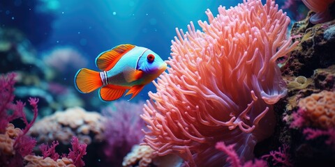 Naklejka na ściany i meble Ocean Turtle, Bright Fish, and Bright Coral. Generative Ai.