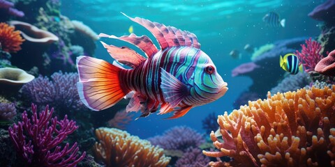 Fototapeta na wymiar Ocean Turtle, Bright Fish, and Bright Coral. Generative Ai.
