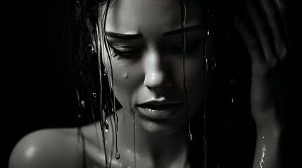 Black and white portrait of a woman cry