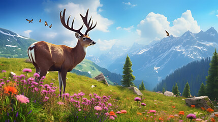 Serene alpine meadow dotted with wildflowers, where grazing deer and chirping birds create a harmonious symphony of nature. Ai Generated.NO.05 - obrazy, fototapety, plakaty