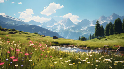 Serene alpine meadow dotted with wildflowers, where grazing deer and chirping birds create a harmonious symphony of nature. Ai Generated.NO.08 - obrazy, fototapety, plakaty