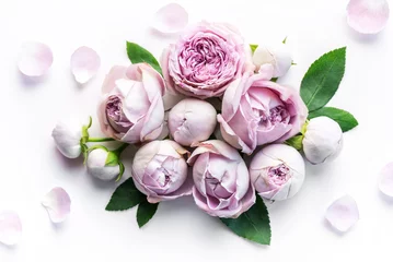 Gordijnen Pink rose flowers on white background © Olena Rudo