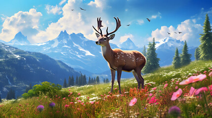 Serene alpine meadow dotted with wildflowers, where grazing deer and chirping birds create a harmonious symphony of nature. Ai Generated.NO.07 - obrazy, fototapety, plakaty