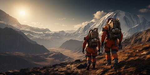 Astronauts in futuristic space suits are exploring the surface of Mars in order to live on Mars in the future by Generative AI
