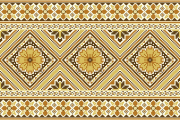 flower embroidery on cream background. ikat and cross stitch geometric seamless pattern ethnic oriental traditional. Aztec style illustration design for carpet, wallpaper, clothing, wrapping, batik.