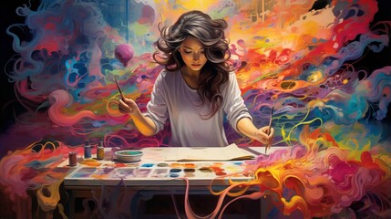 A painter lost in creativity, surrounded by canvases splashed with vibrant colors, brushes in hand,...