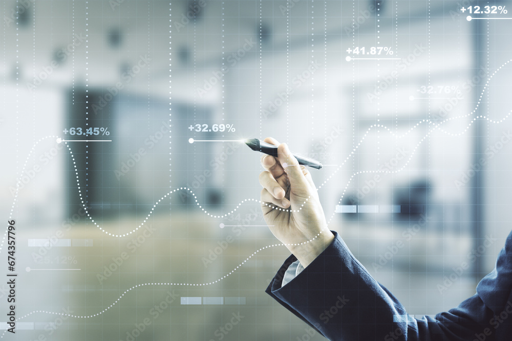 Poster Multi exposure of male hand with pen working with abstract virtual graphic data spreadsheet sketch on blurred office background, analytics and analysis concept
