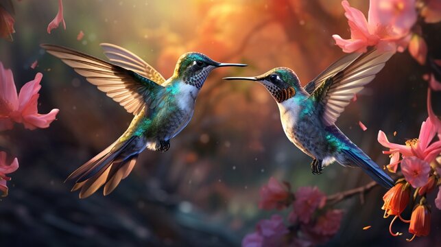 A pair of baby hummingbirds hovering in mid-air, their iridescent feathers glinting in the sunlight as they sip nectar from vibrant flowers.