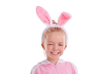 Portrait, bunny and girl child with funny costume on isolated, transparent or png background. Rabbit, outfit and face of playful kid with cute clothing for halloween, easter or theme birthday party
