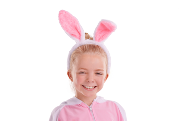 Portrait, bunny and girl child with funny costume on isolated, transparent or png background. Rabbit, outfit and face of playful kid with cute clothing for halloween, easter or theme birthday party