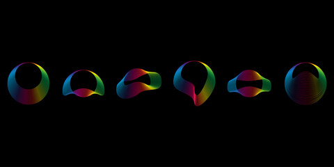 Sound smooth waves of shapes of different shapes, Set Equalizer rainbow color gradient. Vector geometric shapes isolated on black background.