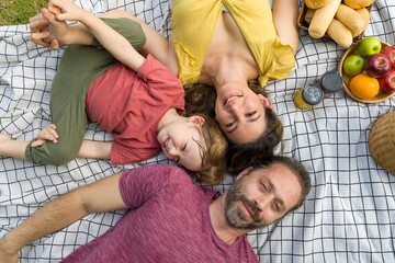 A happy family is sprawled comfortably on a picnic blanket in a sunny park, enjoying food and each...