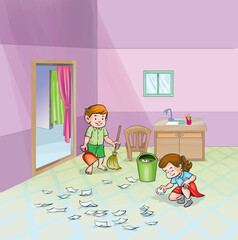 children cleaning their room