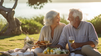 An elderly couple shares a joyful moment over a picnic by the lake, surrounded by the warmth of nature and the comfort of each other's company.