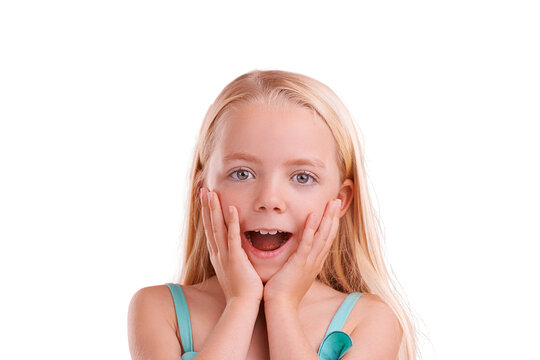 Wow, news and hands on face of girl child with surprise on isolated, transparent and png background. Omg, portrait and female kid model with shocking announcement, sale or discount, deal or offer