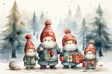 Adorable watercolor gnomes gather around the Christmas tree, exchanging gift in the cool Arctic atmosphere. Full color, textured knitted illustrations, suitable for nursery art by Generative AI