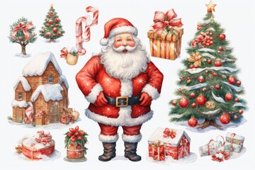 Fototapeta premium Colored water Santa Claus Christmas tree gift - reindeer Candy cane stockings, snowflakes, gingerbread cookies, mistletoe, Christmas lights, wreaths, snowman by Generative AI