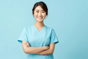 Foto op Canvas A pleased nurse in scrubs, with a stethoscope around the neck, smiling compassionately, isolated on a solid background. © LOVE ALLAH LOVE