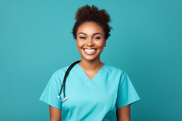 A pleased nurse in scrubs, with a stethoscope around the neck, smiling compassionately, isolated on a solid background. - obrazy, fototapety, plakaty