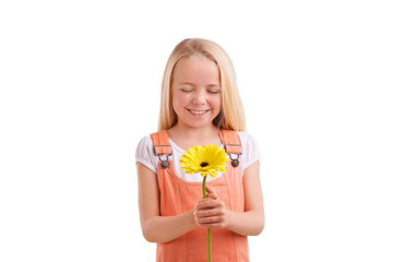 Fashion, casual and girl child with flower for surprise, gift or present for love or valentines...