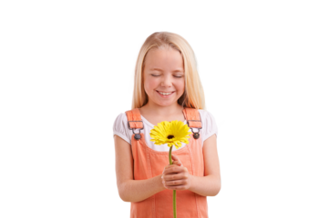 Fashion, casual and girl child with flower for surprise, gift or present for love or valentines day. Cute, model and young person with yellow floral plant isolated by transparent png background.