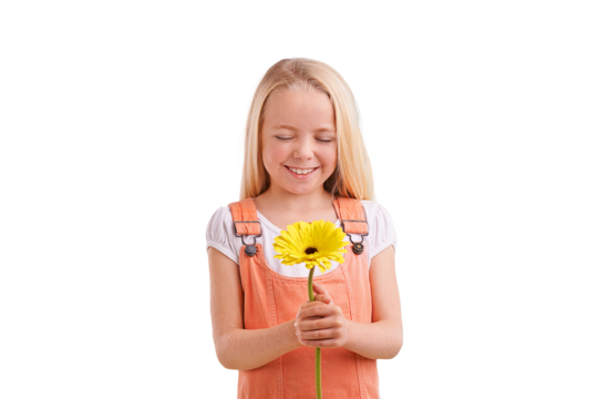 Fashion, casual and girl child with flower for surprise, gift or present for love or valentines day. Cute, model and young person with yellow floral plant isolated by transparent png background.