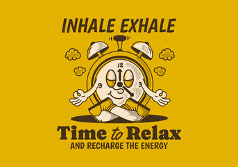 Time to relax. Alarm clock mascot character in meditation pose