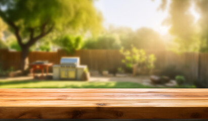 Wooden table top on blurred backyard garden with grill BBQ background. Perfect for display or...