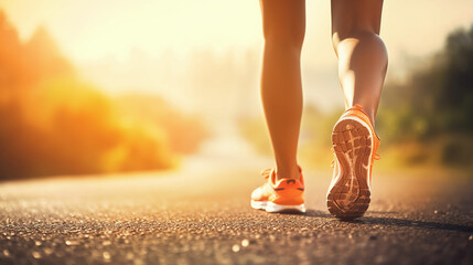 Runner feet running on road closeup on shoe. woaman fitness sunrise jog workout welness concept. Made with generative ai
