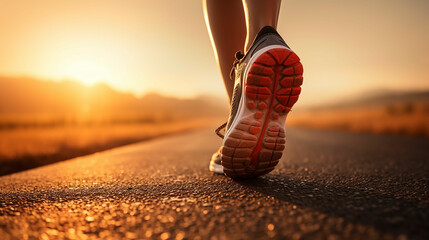 Runner feet running on road closeup on shoe. woaman fitness sunrise jog workout welness concept....
