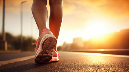 Runner feet running on road closeup on shoe. woaman fitness sunrise jog workout welness concept....