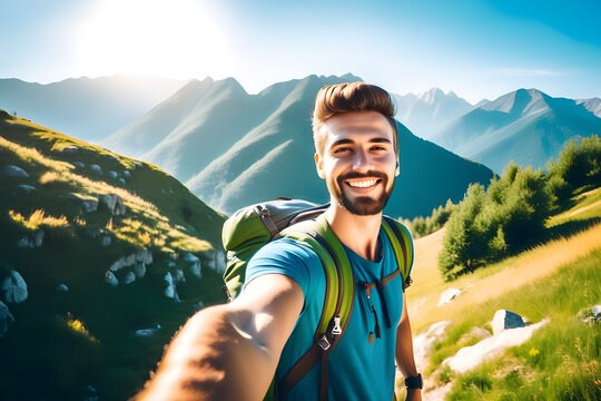 Handsome young man with backpack taking selfie outdoors - Happy hiker standing in front of mountains - Travel blogger enjoying nature view on summer generative AI