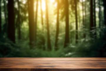 Wooden table in front of blurred forest background with sunbeams. For product display. High quality photo