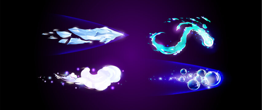 Magic power strike effects set isolated on dark background. Vector cartoon illustration of ice pieces, white cloud of steam, laundry bubbles, clear blue water impact arrow trails, freshness symbols