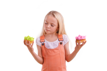 Isolated girl child, cupcake and choice with thinking, ideas and color by transparent png background. Kid, cake or dessert with decision, green or pink icing with food, sweets or frosting for eating